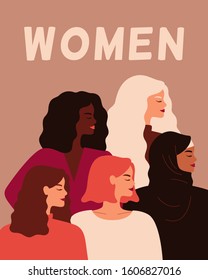 Five Young Strong Women Stand Together. Concept Of Women Empowerment, Self-acceptance, And Gender Equality.  Vector Flat Illustration