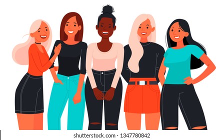 Five young women or beautiful girls dressed in trendy clothes, standing together. A group of girlfriends and activists feminism. Famale movement. Vector illustration in flat style