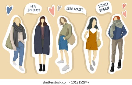 Five young women or girls dressed in trendy clothes standing together and promoted zero waste and vegan lifestyle. Group of friends or activists.