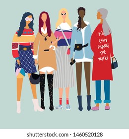 Five young women or girls dressed in trendy clothes standing together. Group of female friends, union of feminists, sisterhood. Girl power concept. Female cartoon characters. Flat colored set.