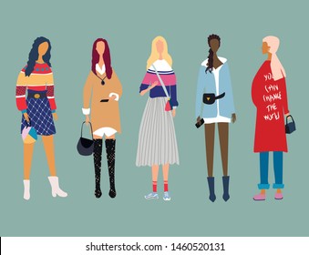 Five young women or girls dressed in trendy clothes standing. Group of female friends, union of feminists. Girl power concept. Female cartoon characters. Flat vector set. All elements are isolated