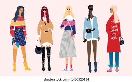 Five young women or girls dressed in trendy, fashionable clothes standing. Group of female friends, feminists. Girl power concept. Female cartoon characters. Flat colored vector set  isolated elements