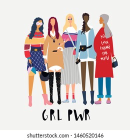  Five young women or girls dressed in trendy clothes standing together. Union of feminists, grl pwr text. Girl or woman power concept. Female cartoon characters. Flat colored vector set. 