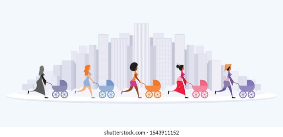 Five young women are walking with their prams. Modern City Skyline.