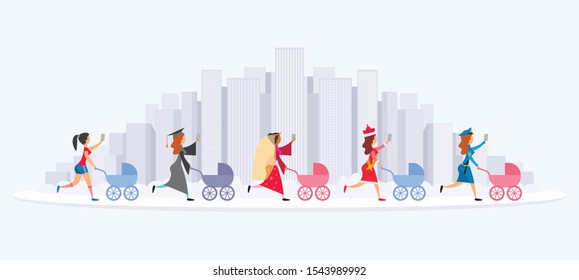 Five young women are walking with their prams and taking selfies. Modern City Skyline.