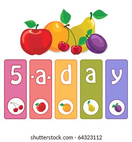 Five-a-day fruit poster concept to encourage healthy eating. EPS10 vector format.