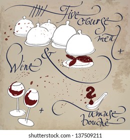 Five-course meal with amuse bouche and wine / Vintage card with sketches