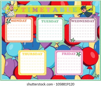 Five-day timetable on a multi-colored background with baloons for children. Vector illustration. Stickers.