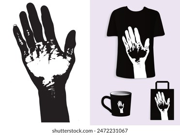 Five-Finger Hand Gesture Front View with Grunge Effect in Retro Style for T-Shirt, Tote Bag, and Cup Design. Merchandise and Print. Mock-up templates Included.