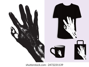 Five-Finger Hand Gesture with Grunge Effect in Retro Style for T-Shirt, Tote Bag, and Cup Design. Merchandise and Print. Mock-up templates Included.