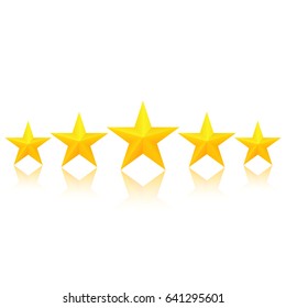 Fivegolden stars with reflection. Excellent quality rating. Vector, isolated, eps10.