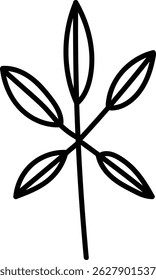 A five-leafed sprig is depicted in a bold line art style with a central stem. This botanical sketch shows a simple plant motif perfect for nature-themed projects. Cartoon vector illustration