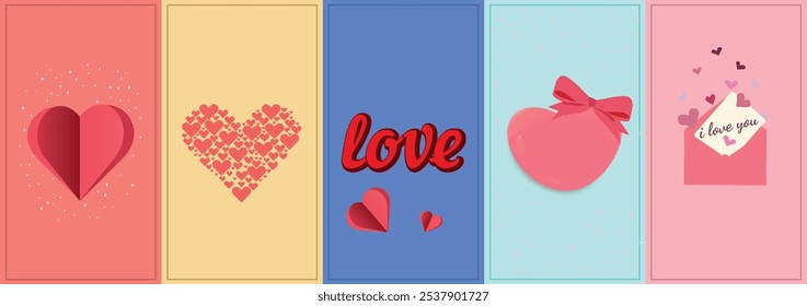 A five-panel Valentine’s Day design with hearts, "love" text, and an envelope conveying romantic messages.