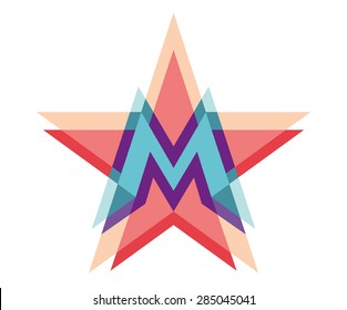 Five-point star logo with letter M. Vector illustration