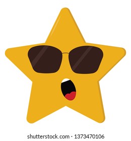 A five-pointed cartoon yellow star wears sunglasses expose white teeth and tongue while dismayed vector color drawing or illustration 