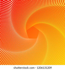 Five-pointed Figure, A Whirlwind, A Spiral Of Lines And Points On A Gradient Background. Smooth Pattern Of Many Dots On Red Orange Background. Vector EPS