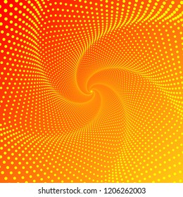 Five-pointed Figure, A Whirlwind, A Spiral Of Lines And Points On A Gradient Background. Smooth Pattern Of Many Dots On Red Orange Background. Vector EPS