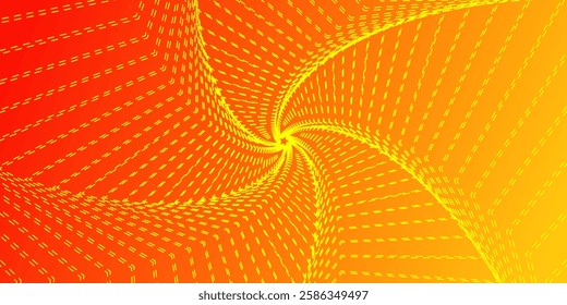 Five-pointed figure, a whirlwind, a spiral of lines and points on a gradient background. Smooth pattern of many dots on red orange background. Vector EPS