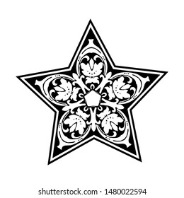 Five-Pointed Star with Curly Grass Ornate, vector illustration