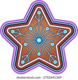Estrella de cinco puntas en marrón jengibre con intrincados brazos de copo de nieve en forma de circuito cian y brillantes nodos azules, envueltos en vibrantes capas de neón púrpura para un encanto retro-futurista.