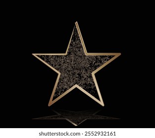 Estrella de cinco puntas con bordes dorados y superficie negra texturizada que se refleja sobre un fondo negro