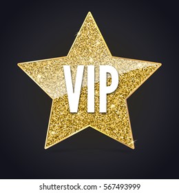 Five-pointed star with Golden edging and the inscription VIP. Sign of exclusivity and elitism with bright, Golden glow. Template for vip banners or card, exclusive certificate, luxury gift or voucher