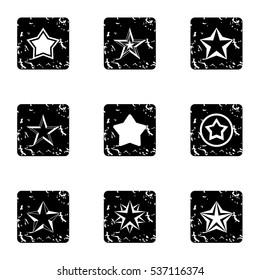 Five-pointed star icons set. Grunge illustration of 9 five-pointed star vector icons for web