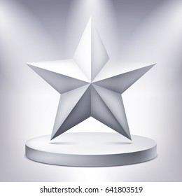 Five-pointed star on the illuminated podium, award pedestal, geometry shape, vector design for you project