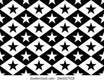 The five-pointed star pattern is arranged in a zigzag manner. Seamless abstract black and white background diamond shape. Texture design for textile, tile, cover, poster, wall. Vector illustration.