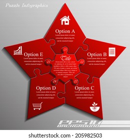 Five-pointed star piece flat puzzle round infographic presentation. 5 step circle business diagram. Five section compare service banner. Vector illustration template shape . 3d Abstract Background