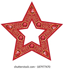 Five-pointed star with a red outline, lined with precious rubies. Isolated Object
