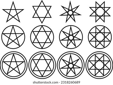 Five-pointed star, six-pointed star, seven-pointed star, eight-pointed star, illustration set