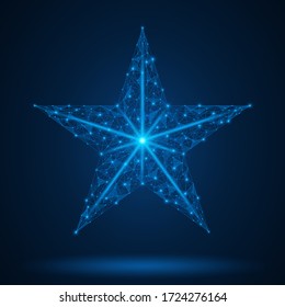 Five-pointed star, symbol of victory. A low-poly model of a geometric shape. Blue background.