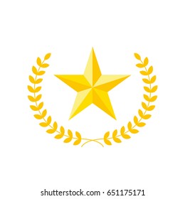 Five-pointed Star Vector Icon With Laurel Wreath. Modern Flat Golden Star Illustration.