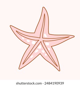 Five-pointed starfish in solid pink color with outlines. Cute vector simple illustration symbol on isolated background. View from above.