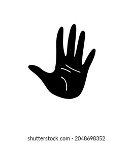 Fives gesture. Black silhouette of a hand on a white background with an open palm. Vector stock illustration of stop gesture isolated.