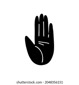 Fives isolated gesture. Black silhouette of a hand on a white background with an open palm. Vector stock illustration of stop gesture.