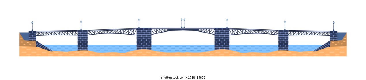Five-span metal bridge vector. City architecture element and bridge-construction across the river  with carriageway isolated on white background.