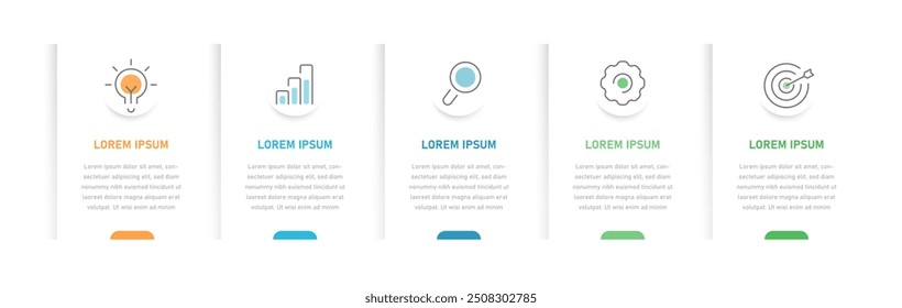 Fünfstufige, rechteckige Business-Infografiken mit Schatten und Symbolen in der Größe. Es kann für Präsentationen oder eine Website verwendet werden