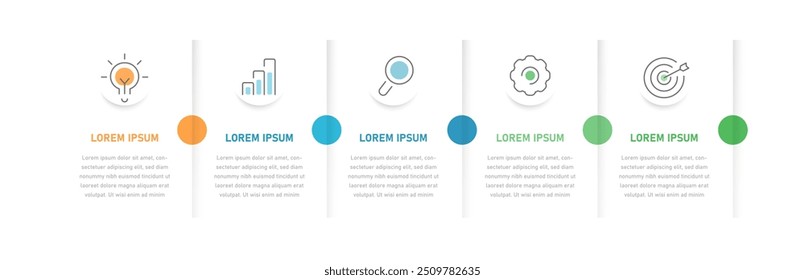 Infografía de negocios rectangular de cinco etapas con sombras e iconos redimensionables. Se puede utilizar para presentaciones o un Sitio web