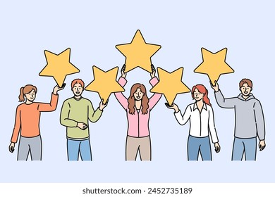 Five-star feedback from people who have used company services and given excellent rating on review site. Happy man and women show good rating for hotel or bar satisfying customers.