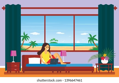 Five-star hotel room with panoramic window overlooking the beach. A young girl is sitting on a bed with a laptop. The concept of modern earnings for freelancers. vector illustration