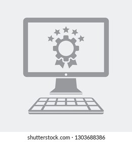 Five-star quality certificate placed on a computer monitor, symbolizing the concept of high and reliable guaranteed performance or premium application.