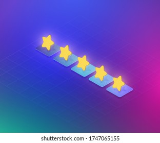 Five-star rating 3D stars, isometric vector illustration