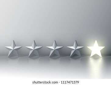 Five-star rating with glowing star and a red speech bubble above, vector illustartion