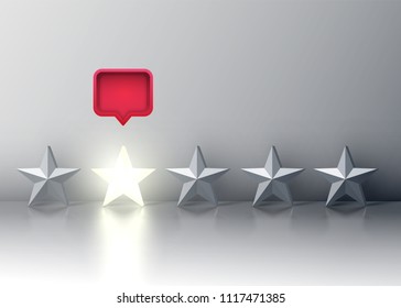 Five-star rating with glowing star and a red speech bubble above, vector illustartion