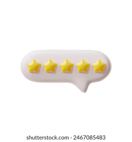 Five-star rating icon. Vector illustration of a 3D speech bubble with five yellow stars, symbolizing customer feedback or quality rating.