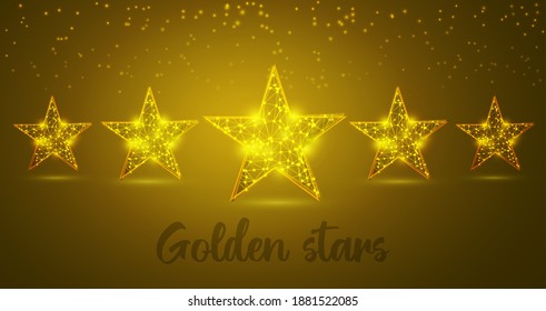 Five-star rating magic star with low poly design. Vector illustration with glitter, sparkles and snowflakes on blue background. Stylish concept with shimmering luxury star shapes. Wireframe structure