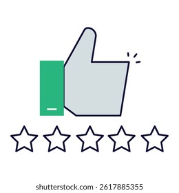 Five-Star Rating Review. Star rating line with thumbs up for top customer satisfaction and service quality