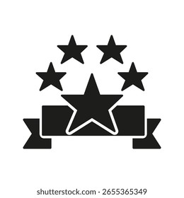 Classificação Cinco Estrelas Com Ícone Sólido De Fita. Controle De Qualidade, Excelência E Símbolo De Silhueta De Desempenho Superior. Reconhecimento De Conquistas E Representação De Prêmios. Ilustração de vetor isolada.